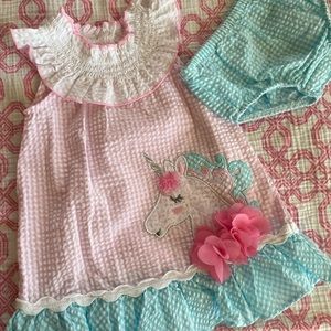 Beautiful seersucker dress for baby with matching bloomers